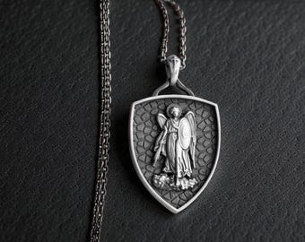 Sterling Silver Guardian Angel Shield Pendant, Archangel Protection Necklace