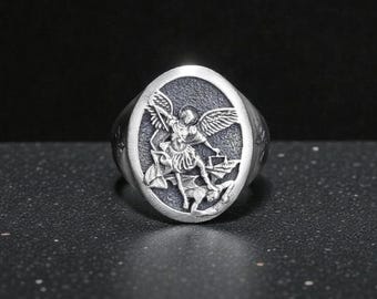 Handmade St. Michael Archangel 925 Sterling Silver Signet Ring, Gothic Biker Jewelry