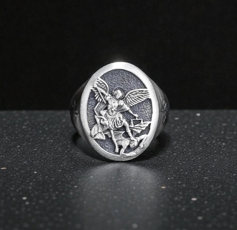 Handmade St. Michael Archangel 925 Sterling Silver Signet Ring, Gothic ...
