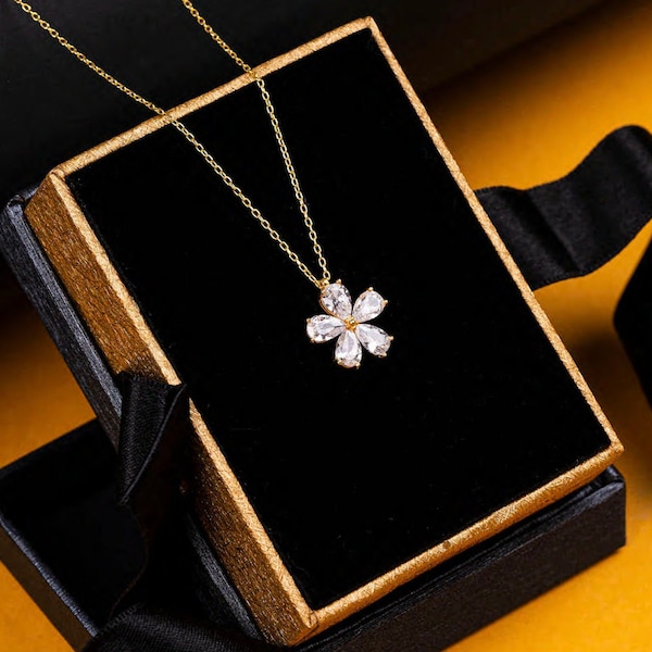 Jasmine Flower Necklace, Jasmine with Big Shiny Stones, Drop Gemstone Flower Necklace, Dainty Flower Charm Necklace, Christmas Gift