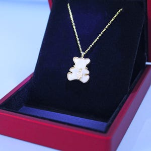 Sterling Silver Teddy Bear Necklace: Mother of Pearl Animal Jewelry