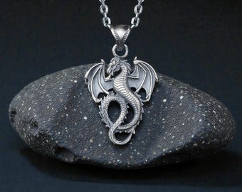 Sterling Silver Dragon Pendant, Winged Gothic Necklace