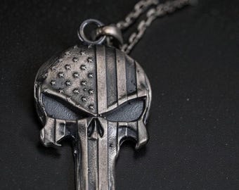 American Flag Skull Necklace, Punisher Style Skull Pendant