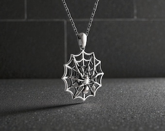 Sterling Silver Spider Web Pendant Necklace, Gothic Halloween Jewelry