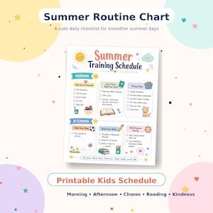 May include: A printable summer training schedule for kids, featuring a colorful design with a sun, clouds, and stars. The chart includes sections for morning, afternoon, and evening activities, promoting daily routines and good habits.