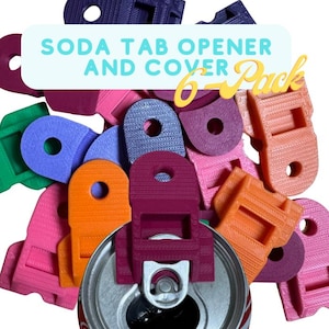 May include: A collection of colorful soda tab openers and can covers. The image shows a variety of colors, including pink, orange, purple, blue, and green. The text on the image reads "Soda Tab Opener and Cover 6-Pack."