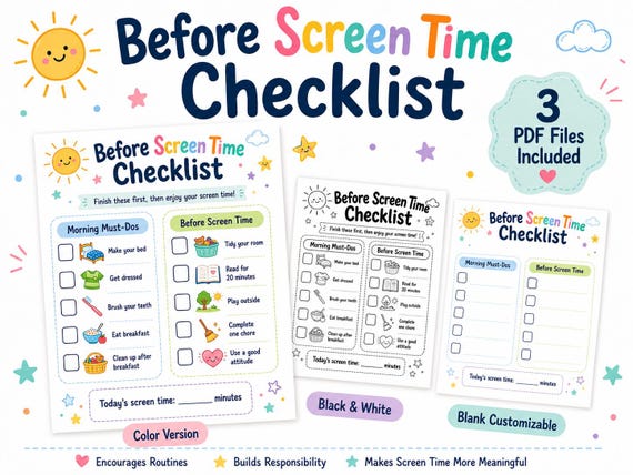 Kids Before Screen Time Checklist, Daily Routine Chart, Summer Responsibilities (Digital Download)
