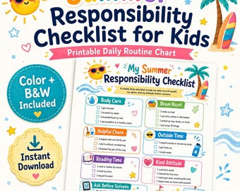 Summer Responsibility Checklist for Kids, Printable Daily Routine Chart, Kids Chores
