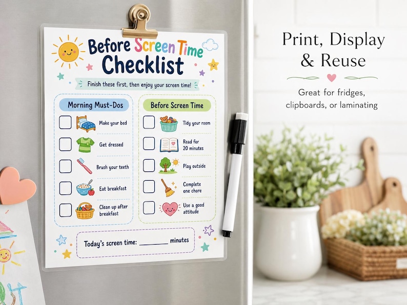 May include: A Before Screen Time Checklist, held by a gold clip, features a sun, stars, and a cloud graphic. The checklist includes morning and before-screen-time tasks. A dry-erase marker is attached. Text reads "Print, Display & Reuse."