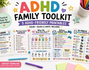 ADHD Family Toolkit Printable Routine Charts, Morning Launch, Screen Time Checklist (Digital Download)