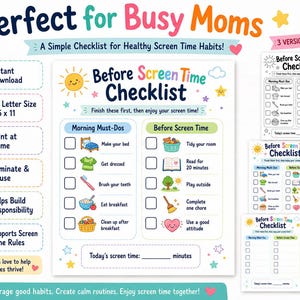 May include: A printable checklist for healthy screen time habits, designed for busy parents. The colorful design includes a morning and before screen time checklist, with a blank version to customize. The US Letter size is 8.5 x 11 inches.