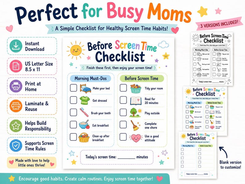 May include: A printable checklist for healthy screen time habits, designed for busy parents. The colorful design includes a morning and before screen time checklist, with a blank version to customize. The US Letter size is 8.5 x 11 inches.