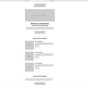 Può includere: Mockup di un sito web con sfondo grigio e un'intestazione con il testo "Boost your productivity and reach super status today". Il sito web presenta tre caselle grigie con il testo "Product Headline" e un pulsante "Get Started".