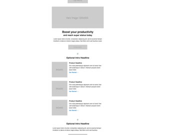 Może przedstawiać: Projekt strony internetowej z szarym tłem i nagłówkiem z tekstem "Boost your productivity and reach super status today". Strona zawiera trzy szare pola z tekstem "Product Headline" i przyciskiem "Get Started".