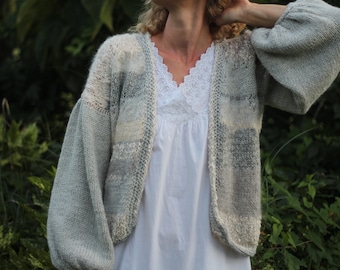 Alpaca wool knitted cardigan Cozy and soft sustainable knitwear with ballon long sleeves Winter layering wool pullover Bridal wrap in grey