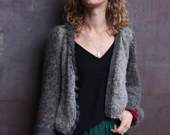 Luxury alpaca silk cardigan Soft and cozy elegant unique handmade with frill All season knitwear in grey with pink details and long sleeve