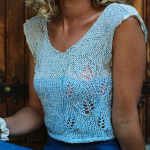 Cropped handknitted openback crop top Linen summer blouse for women Slow fasion parisian style festival tank top Unique cotton designe knit image 8
