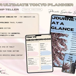 Könnte beinhalten: Ein digitaler Reiseplaner für Tokio, dargestellt auf drei Tablet-Bildschirmen. Die Benutzeroberfläche enthält Text wie YOUR ULTIMATE TOKYO PLANNER, THE TRIP TELLER, JOURNEY AT A GLANCE und TOKYO NEIGHBORHOOD. Das Design zeigt Kirschblüten-Grafiken.