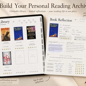 Könnte beinhalten: Ein digitales Lesetagebuch auf einem Tablet, mit Bibliotheks- und Buchreflexionsseiten. Die Bibliothek zeigt Buchcover, darunter "Harry Potter" und "The Great Gatsby". Der Text lautet "Build Your Personal Reading Archive."