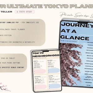 Könnte beinhalten: Digitaler Tokio-Reiseplaner auf Tablet und Telefon. Das Tablet zeigt "Journey at a Glance" mit einem Hintergrund aus Kirschblüten. Das Telefon zeigt "Tokyo Neighborhood". Der Text enthält "Your Ultimate Tokyo Planner".