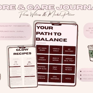 Könnte beinhalten: Digitales Wellness-Journal mit dem Text "CORE & CARE JOURNAL" und "YOUR PATH TO BALANCE". Enthält Abschnitte für Rezepte, Gewohnheitsverfolgung und Zielsetzung. Es ist ein digitaler Planer für Fitness, Wellness und Mindset.