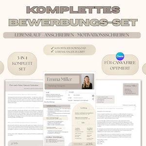 Könnte beinhalten: Ein beige-weißes Lebenslauf-Set mit dem Text "KOMPLETTES BEWERBUNGS-SET" und "LEBENSLAUF - ANSCHREIBEN - MOTIVATIONSSCHREIBEN". Enthält eine Lebenslaufvorlage mit Foto und dem Namen "Emma Miller". Enthält auch den Text "3 IN 1 KOMPLETT SET".