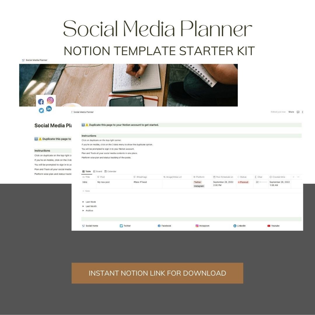Social Media Planner Notion Template Starter Kit Notion - Etsy