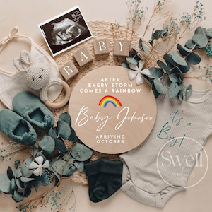 Baby Boy Rainbow Baby Digital Pregnancy Announcement Gender Reveal Social Editable template It&#39;s A Boy