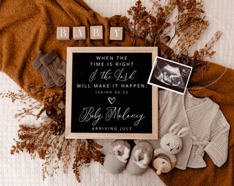 May include: A chalkboard sign with the text "WHEN THE TIME IS RIGHT, I. the Lord WILL MAKE IT HAPPEN. ISAIAH 60:22" and "Baby Melaney ARRIVING JULY". The sign is surrounded by brown fabric, dried flowers, a baby onesie, booties, and a wooden toy rabbit.