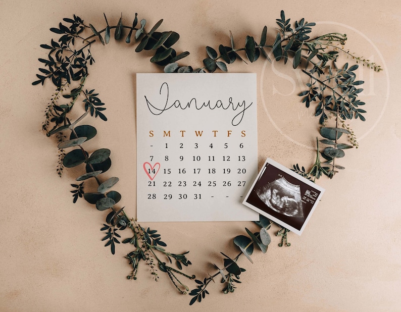May include: A calendar with the month of January highlighted, with a heart drawn around the 14th. A black and white ultrasound image is placed on the calendar.