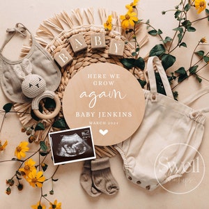 Annuncio di gravidanza digitale Annuncio di nascita digitale neutrale rispetto al genere Annuncio di gravidanza numero 2 del bambino - Margherite primaverili - Qui cresciamo di nuovo