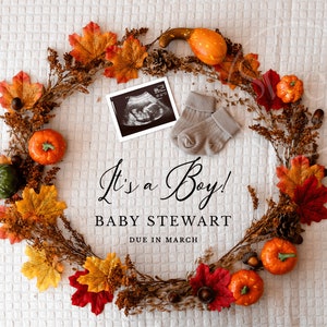 Fall Baby Boy Pregnancy Announcement Digital Gender Reveal Autumn Baby Announcement Digital Pregnancy Reveal Minimalist Thanksgiving