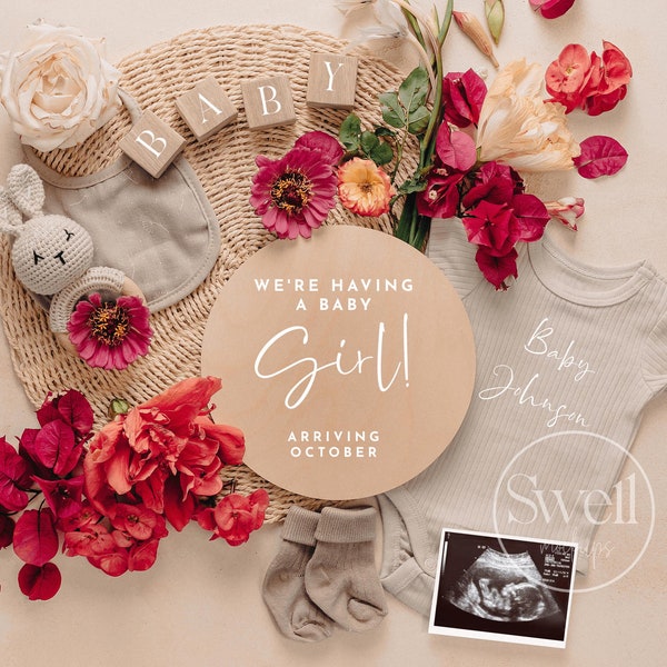 Spring Pregnancy Announcement Digital Spring Flowers It's A Girl Baby Announcement Social Media Baby Girl Reveal Digital Instagram Facebook