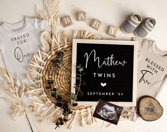 May include: A black letter board with the text "Matthew Twins" and "September '24".  Two baby onesies, one with the text "Prayed for One" and the other with the text "Blessed with Two".  A wooden sign with the text "Coming Soon!" and a black and white ultrasound image.