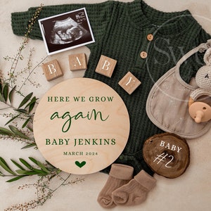 Annuncio di gravidanza digitale Annuncio di nascita digitale neutrale rispetto al genere Annuncio di gravidanza numero 2 del bambino - Verde - Qui cresciamo di nuovo