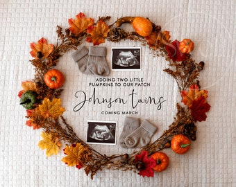 Fall Twins Pregnancy Announcement Digital Twins Pregnancy Reveal Baby Announcement Gender Neutral Thanksgiving Autumn Fall Simple Reveal