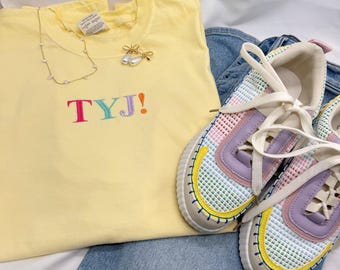 TYJ! Embroidered T-Shirt | Thank You Jesus Shirt | Multicolor Embroidery | Butter Yellow Comfort Colors Tee | Christian Shirt | Faith Based