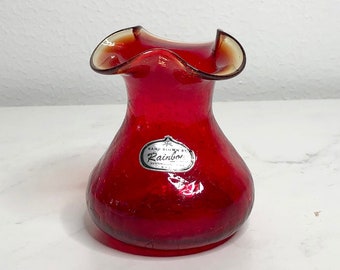 Mid Century Red Crackle Vase Hand Blown by Rainbow.