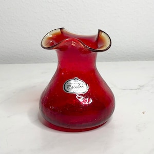 Mid Century Red Crackle Vase Hand Blown by Rainbow.