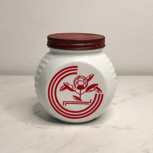 Vintage Fire King Hocking Vitrock Jar with Lid. 1940's Anchor Hocking Canister with White and Red Plants.