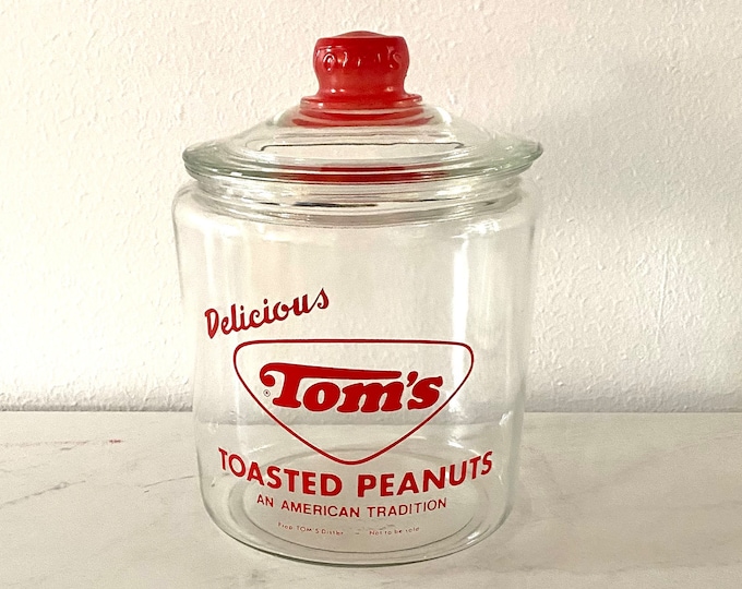 Vintage Tom's Peanut Jar Counter Top Display. Delicious Tom's Toasted Peanuts Glass Jar With Lid