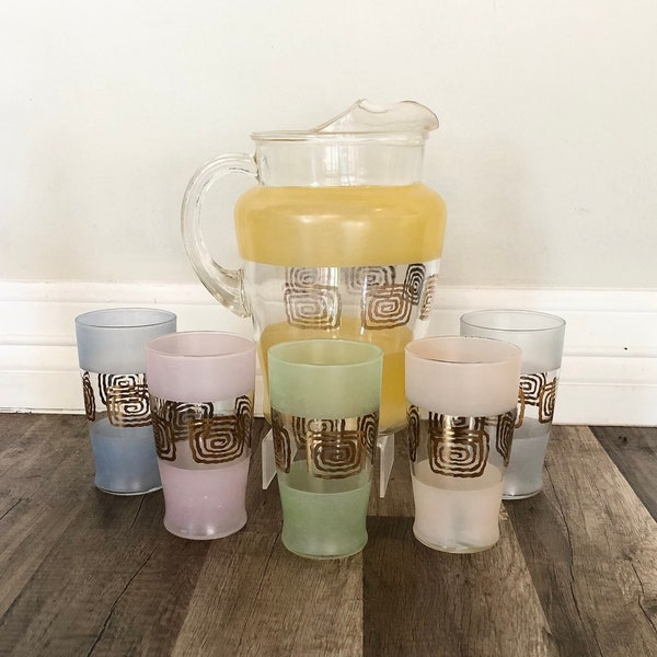 Vintage MCM Pastel Juice Pitcher with 5 Glasses. Retro Glass Set with Gold Greek Circle, Similar to Blendo.