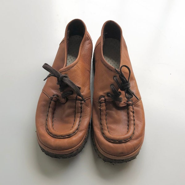 Vintage 70s Brown Leather Oxford Loafers by Rockport Casuals. Retro Gender Neutral Lace Up Loafers Shoes, Size 7.5 - 8.