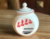 Vintage Anchor Hocking Vitrock Grease Jar. 1940 39 s Range Top Fire King Jar. Black, White and Red with Plants. Small Jar with Lid. Retro