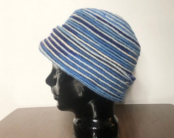 Vintage 70s Blue Striped Cloche Hat. Retro 60s Bucket Hat by Madcaps Paris New York with Beanie Like Shape and Brim.