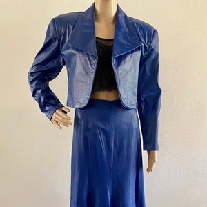 Vintage Blue Leather Skirt and Jacket. 1980s 2 Piece Leather Outfit with Cropped Jacket.