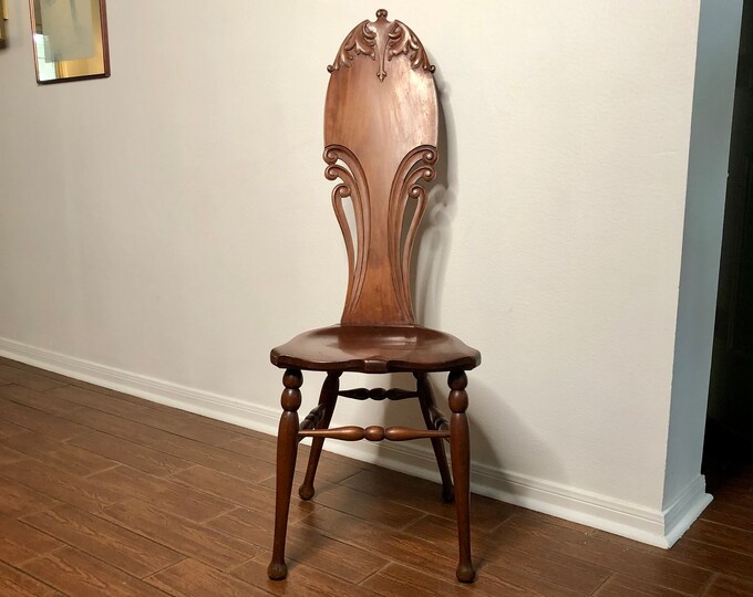 Antique Carved Wooden Spinning Chair. Hight Back Wooden Chair With