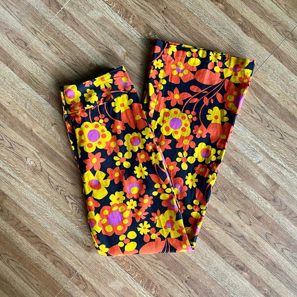 Vintage 70's Girl's Flower Power Bell Bottoms. Kids Flared Pants with Bright Floral Fabric. So Retro!