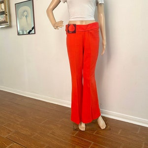 Vintage 1970s Bright Orange Bell Bottoms with Unique Belt, Size S. Low Rise and Flared legs.