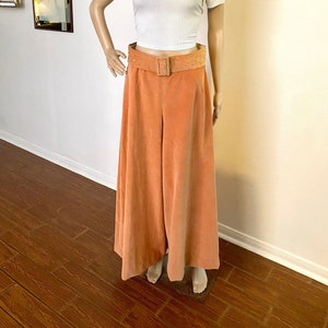 Vintage 70s Flared Velvet Coral Pants with Jeweled Belt. Retro Velour Orange Wide Leg Pants, Size Small.